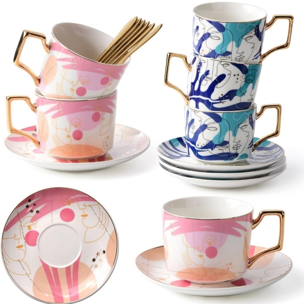 NEW Abstract Design Pink and Blue 6 Piece Tea Set